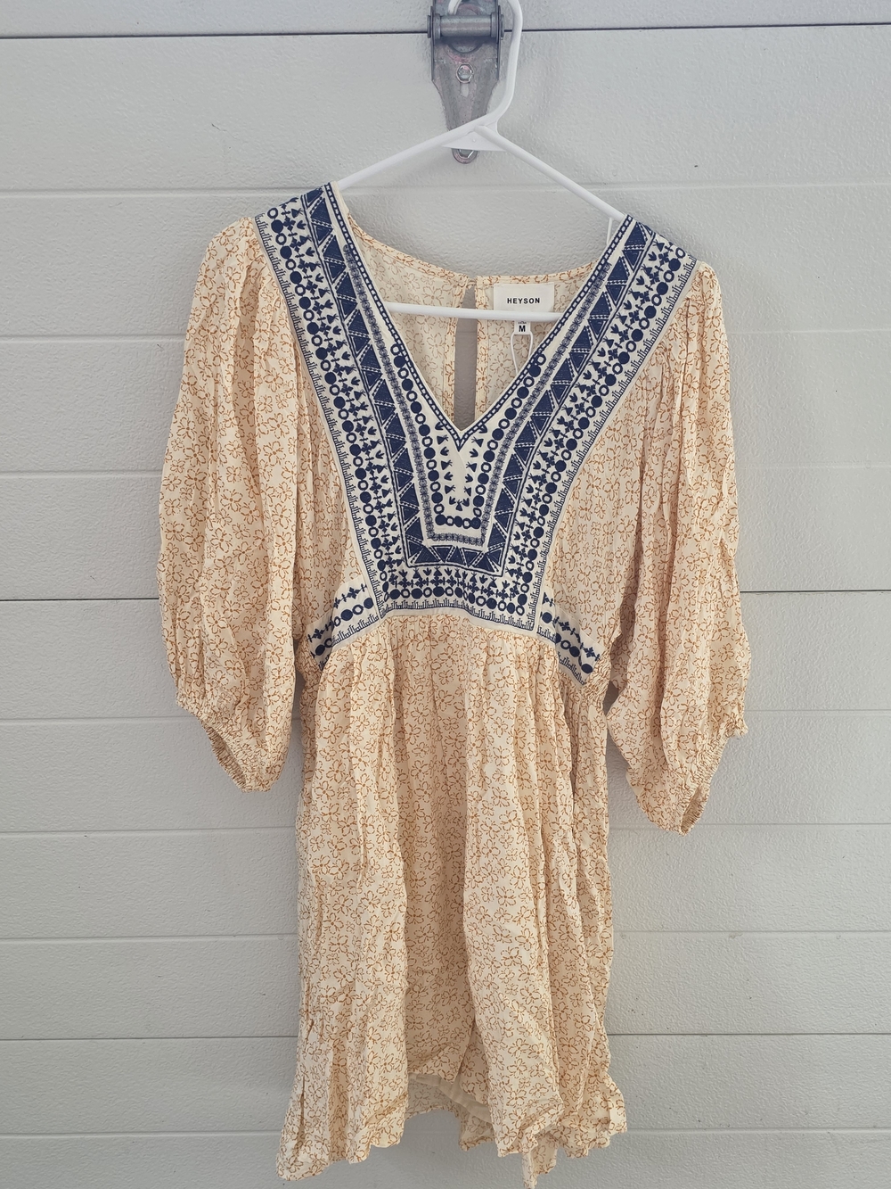 Beige Embroidered V-Neck Mini Dress with Navy Trim